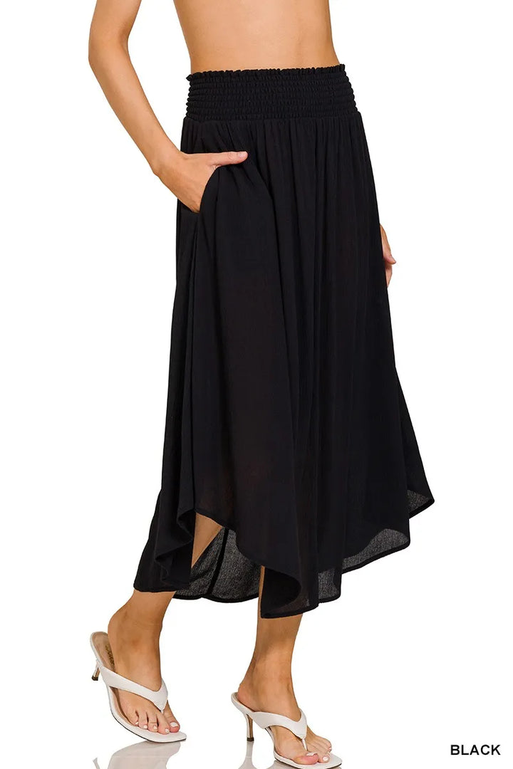 Black Zenana Woven Crinkle Smocked Waist Maxi Skirt W Pockets 1