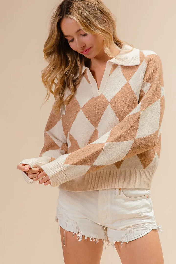 Bibi Diamond Pattern Collared Notch Neck Sweater