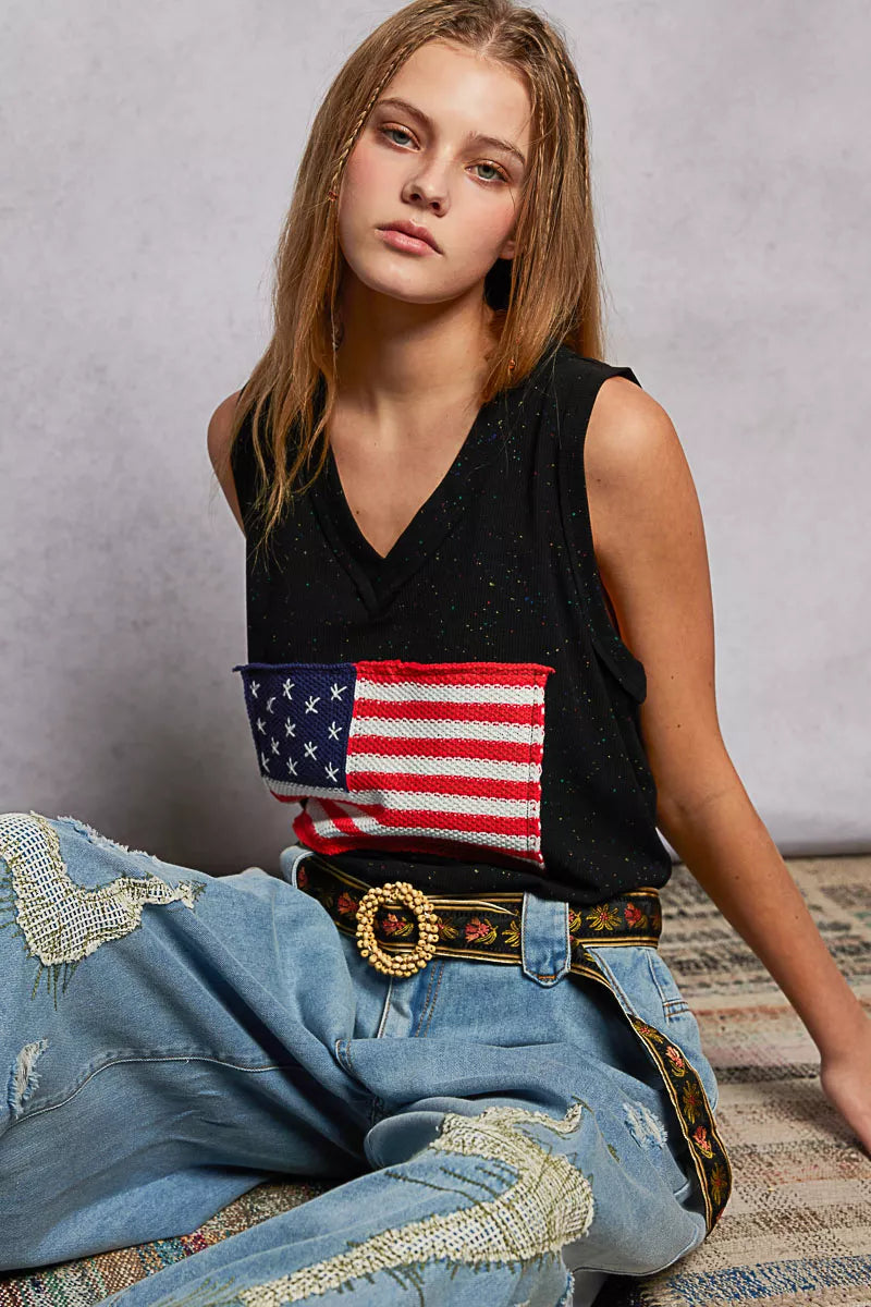 Pol V Neck Ribbed Tank With American Flag Patch And Star Back Patch 1