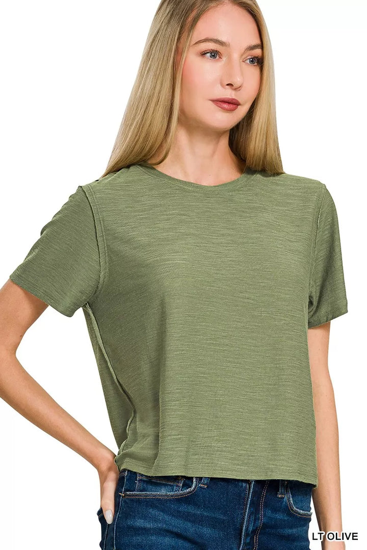 Lt Olive Zenana Slub Short Sleeve Tee