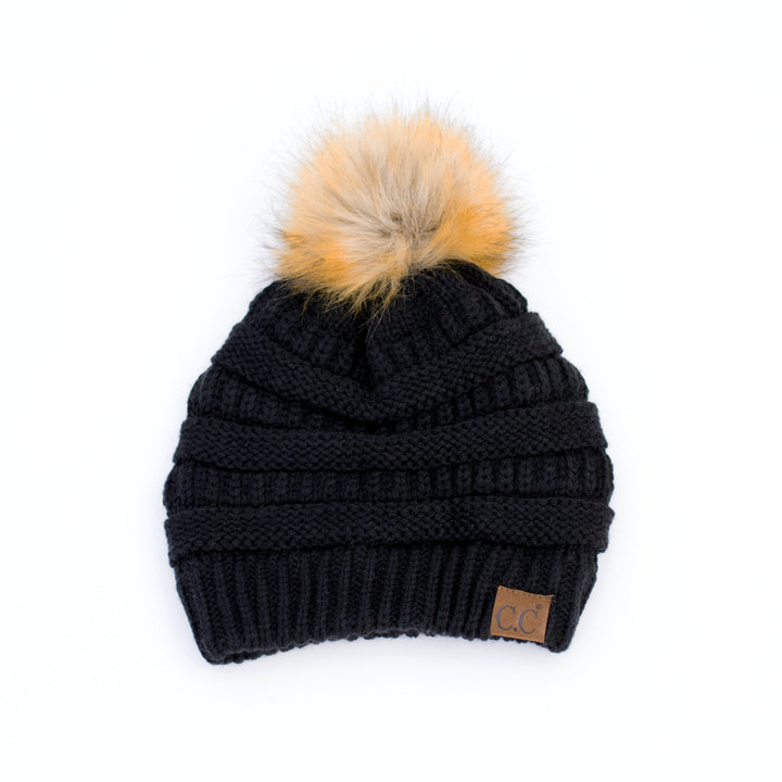 Navy C C® Fur Pom Beanies