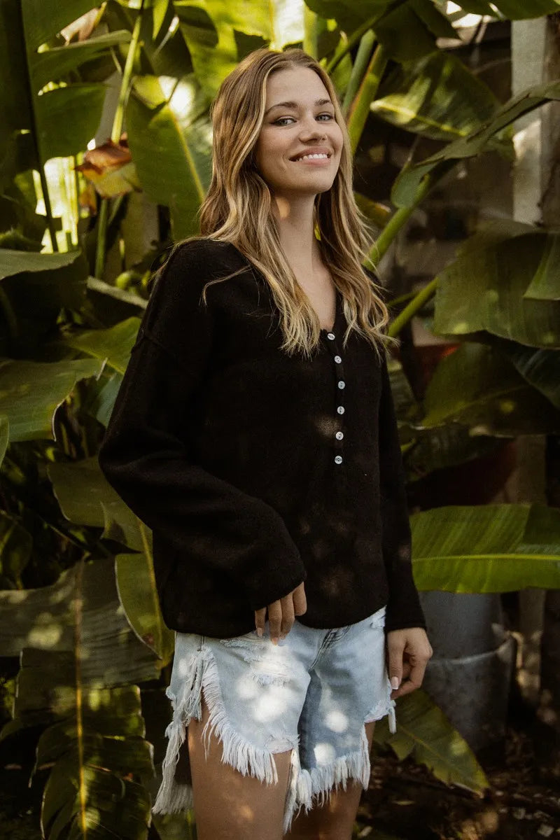 Bibi V Neck Sweater Top With Button Details