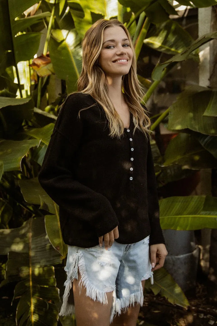 Bibi V Neck Sweater Top With Button Details