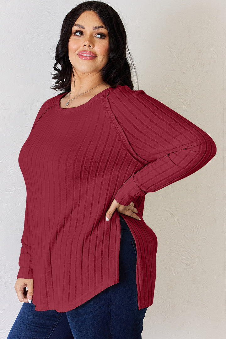 Light Yellow Basic Bae Full Size Ribbed Round Neck Slit T Shirt