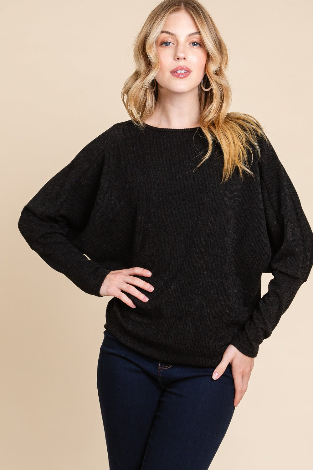 Black Bombom Drop Shoulder Long Sleeve Knit Top