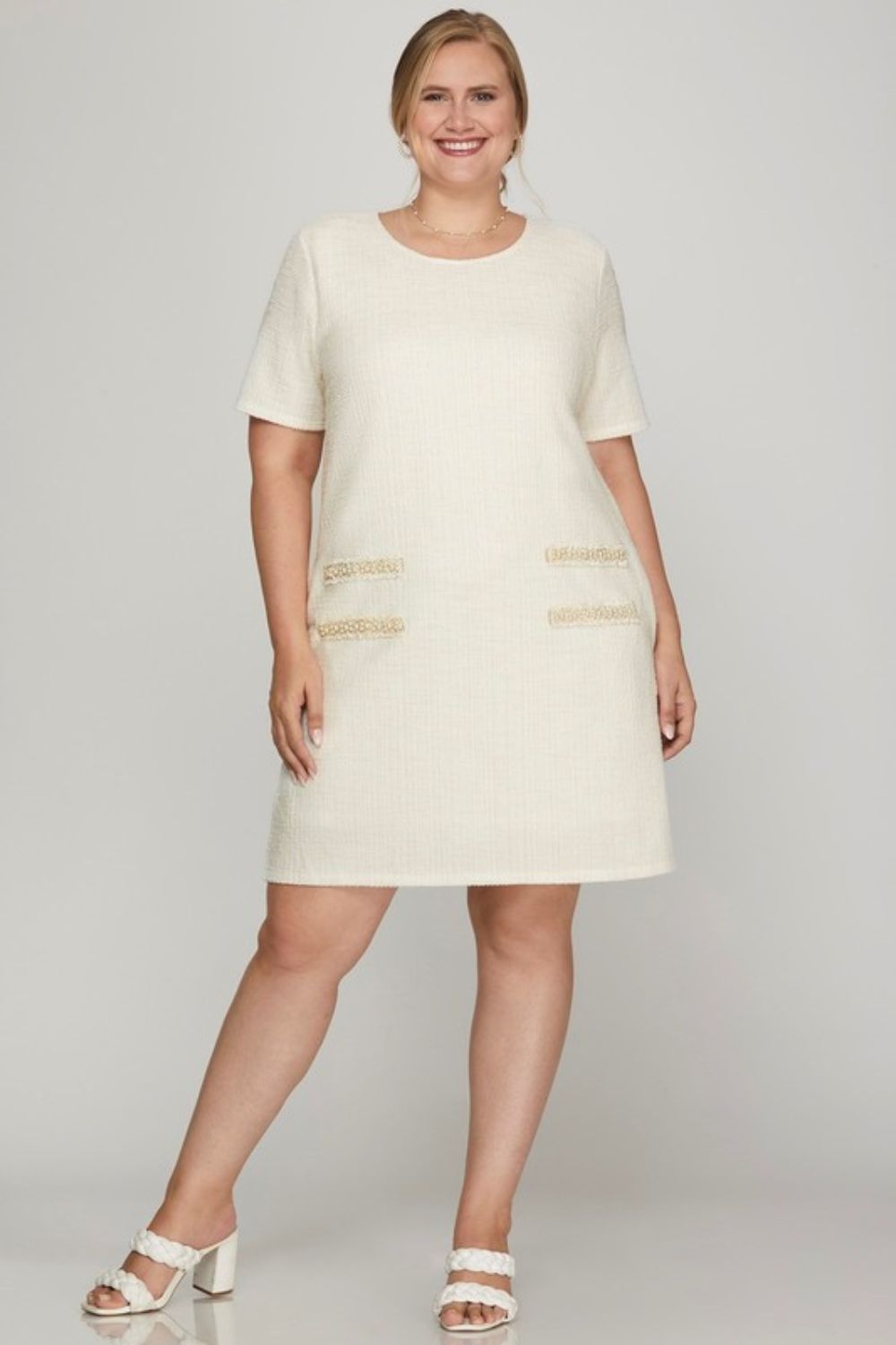 Ivory She Sky Full Size Short Sleeve Pearl Studded Trim Knit Tweed Dress Plus Size