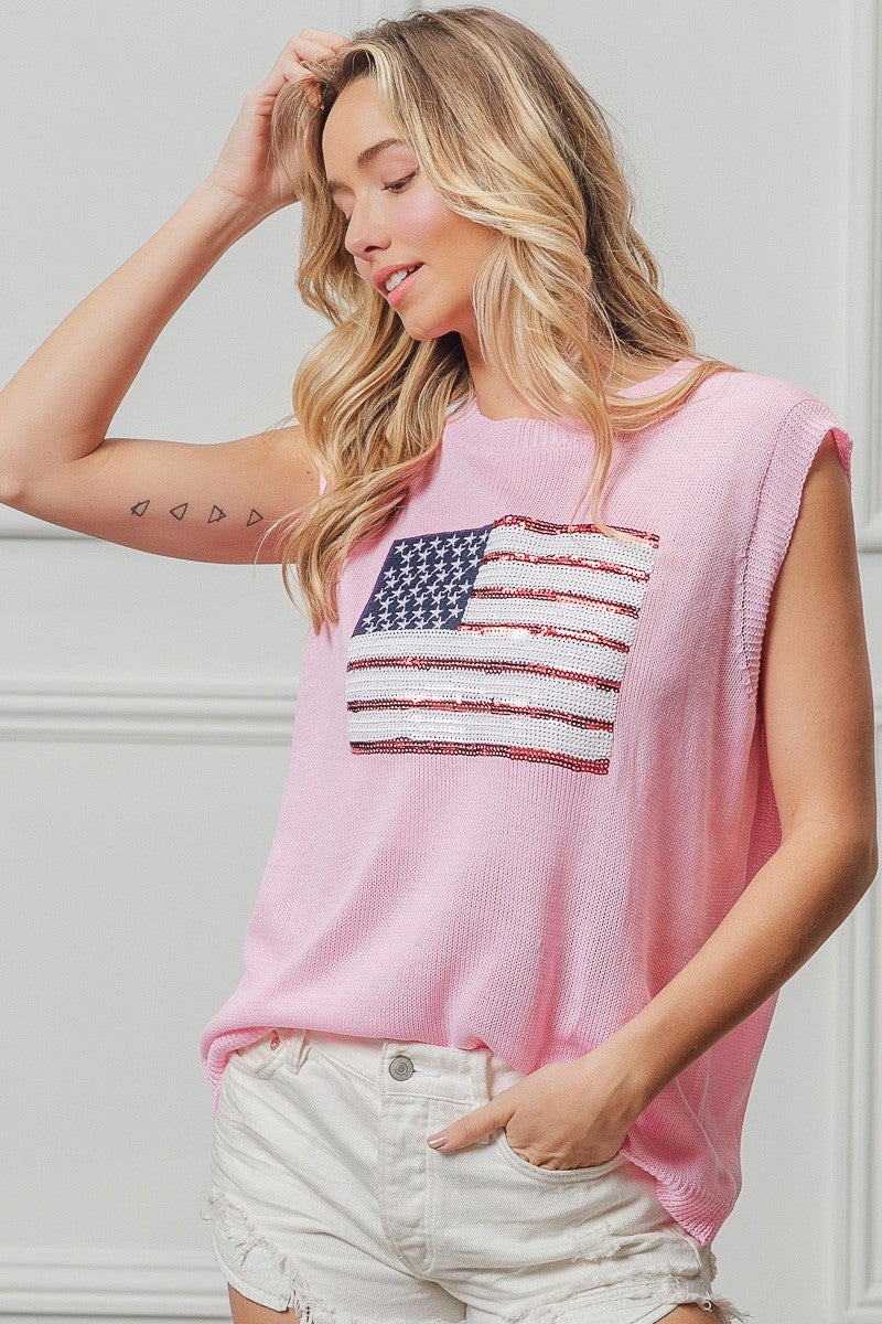 Pink Bibi American Flag Sequins Patch Knit Top