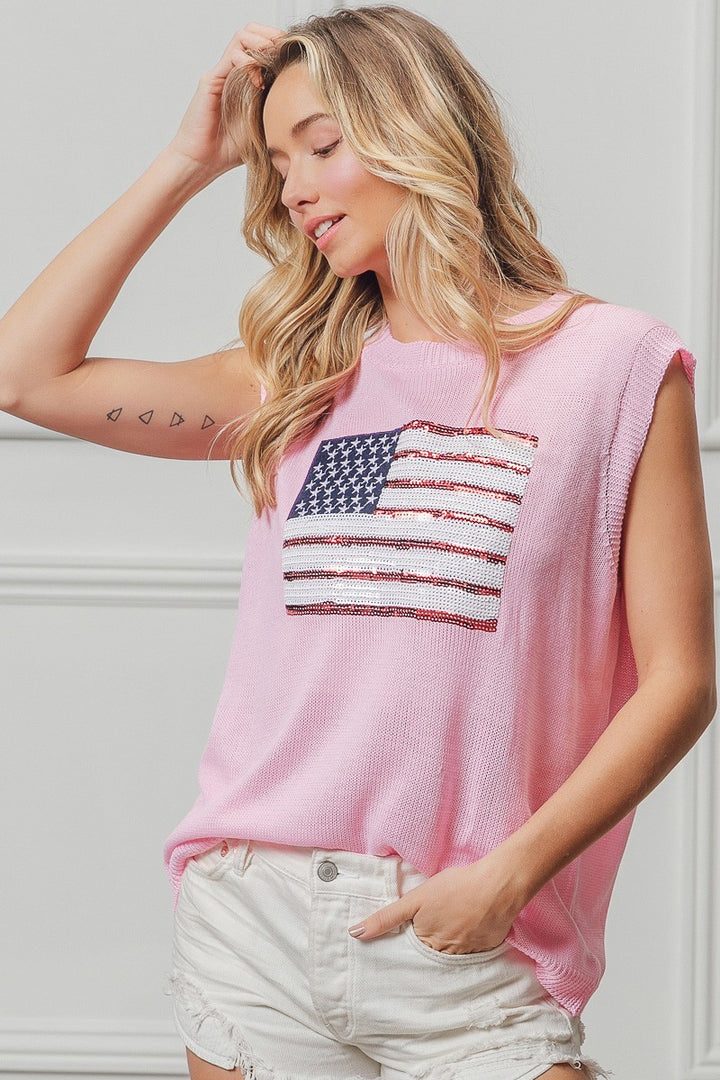 Pink Bibi American Flag Sequins Patch Knit Top