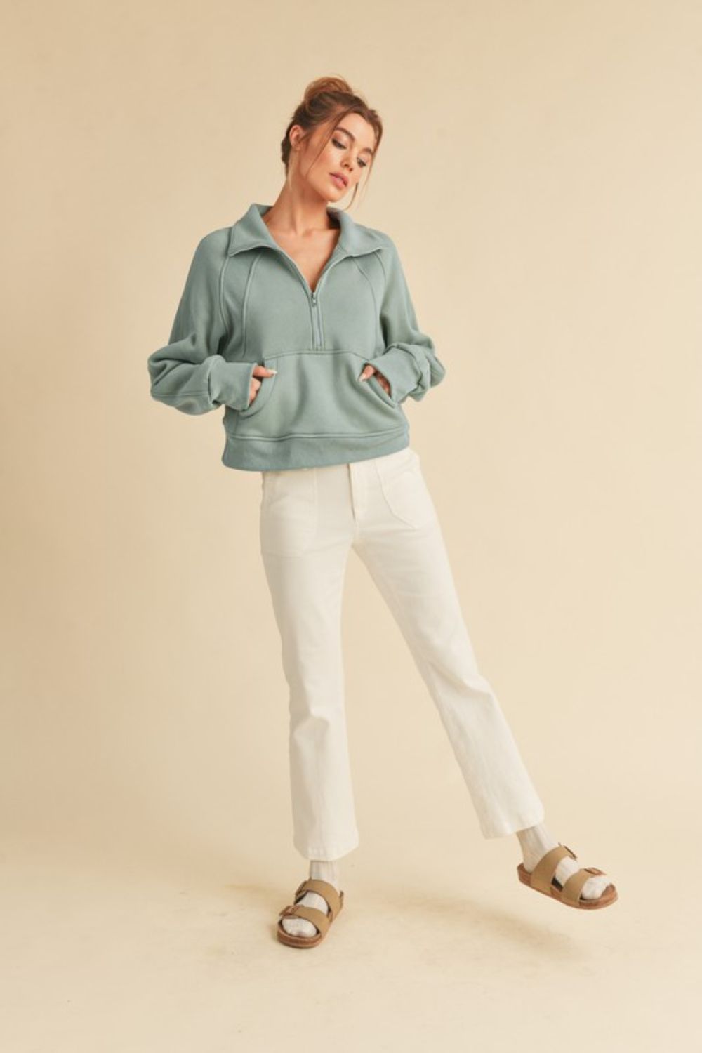 Pale Blue Aemi Co Half Zip Raglan Sleeve Sweatshirt With Kangaroo Pocket 3