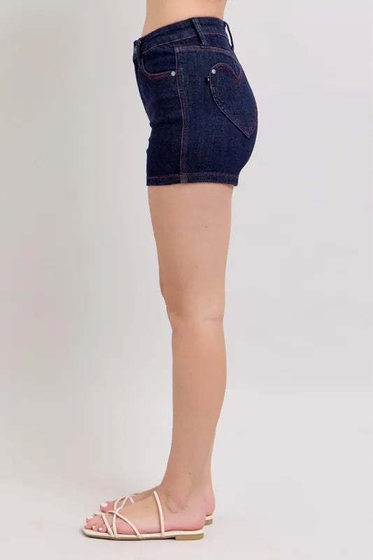 Dk Judy Blue High Waist Heart Shaped Pkts Red Contrast Thread Denim Shorts