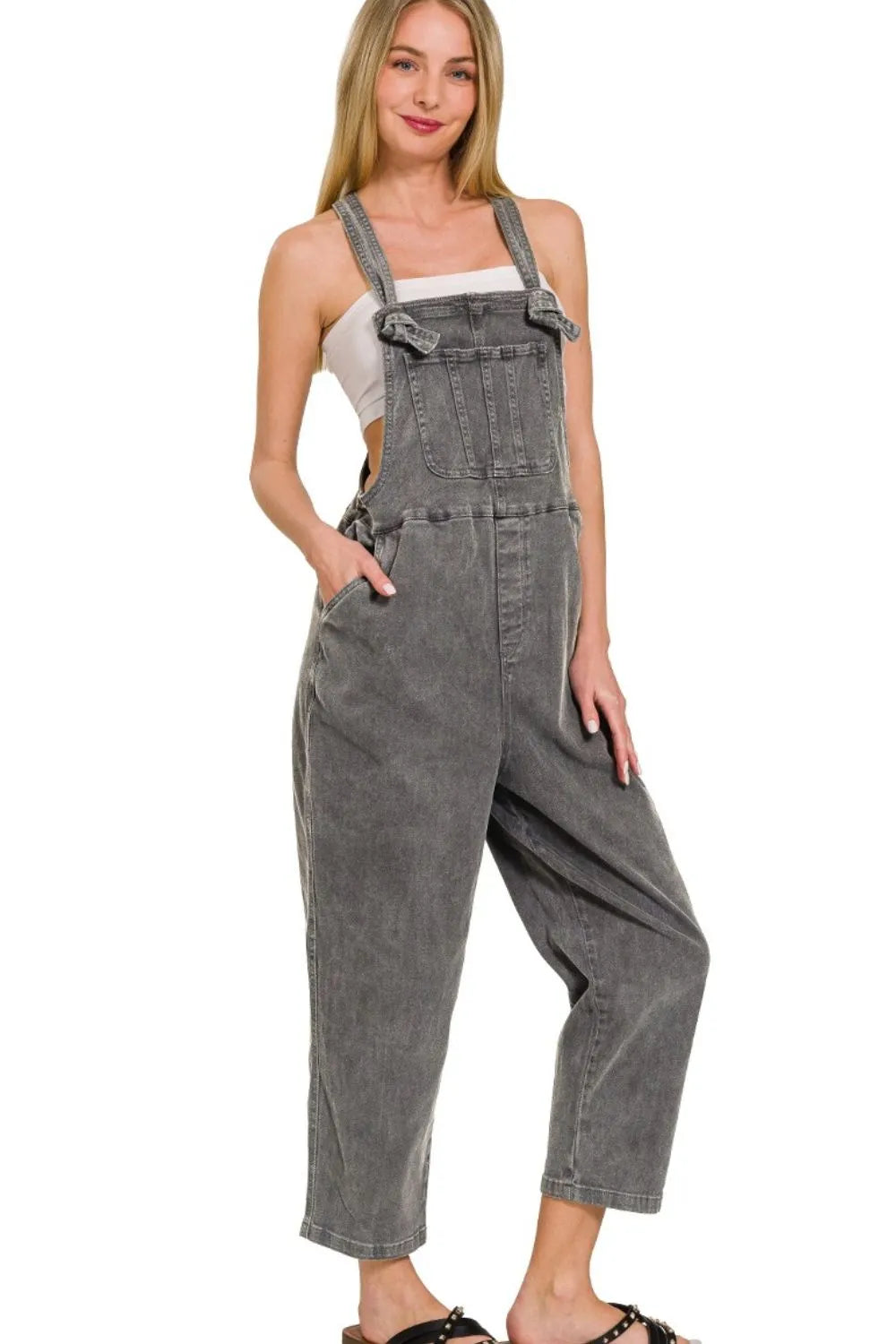 Ash Black Zenana Washed Knot Strap Relaxed Fit Overalls 3
