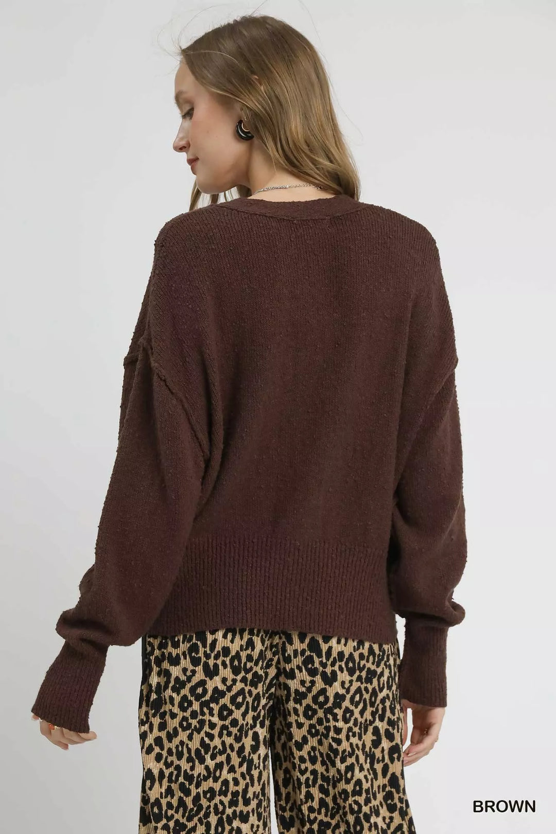Brown Umgee Button Front V Neck Knit Cardigan 1
