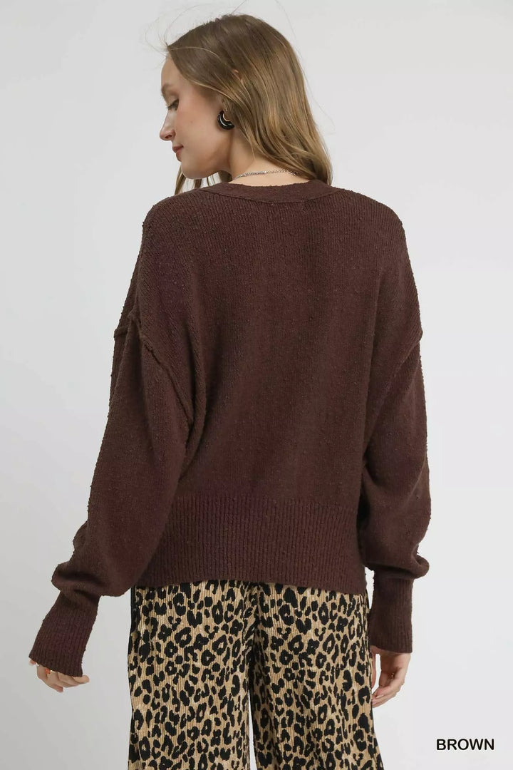 Brown Umgee Button Front V Neck Knit Cardigan 1
