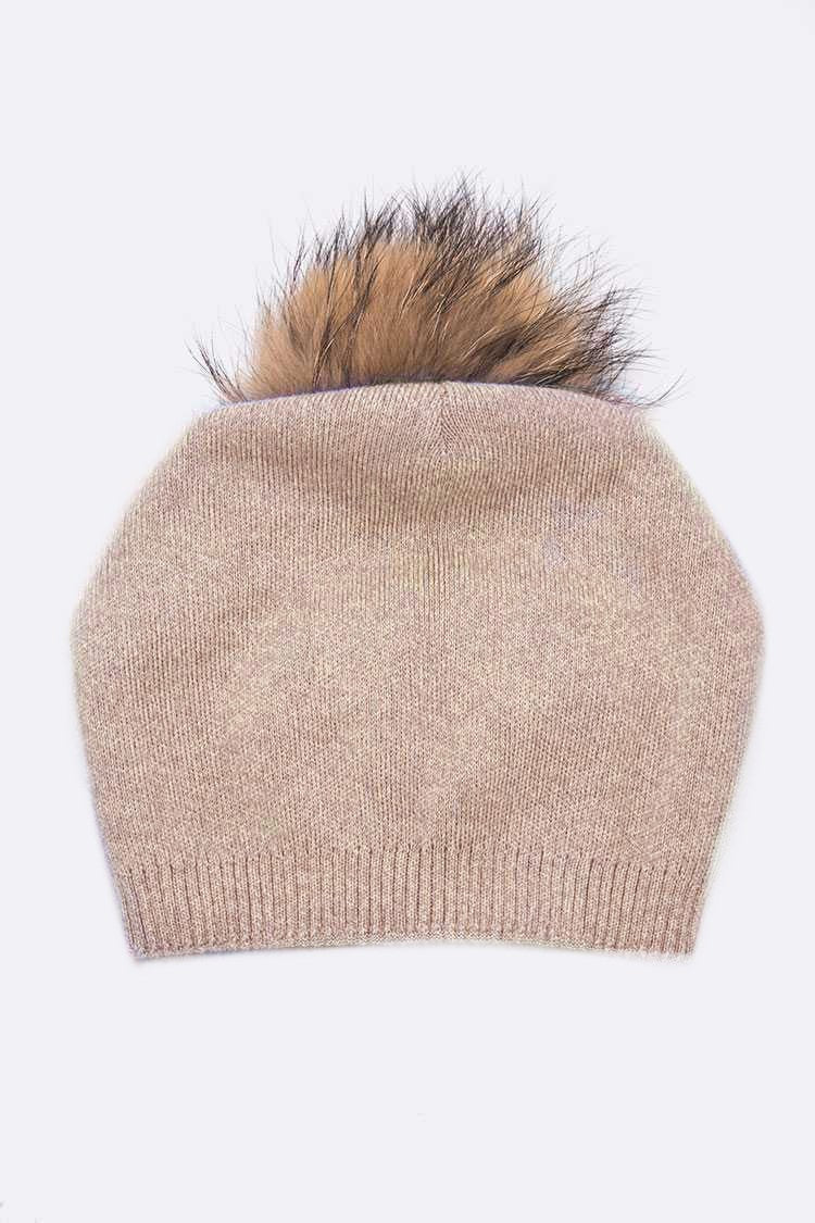 Navy Raccoon Fur Pompom Pre Sewed Slouchy Beanie
