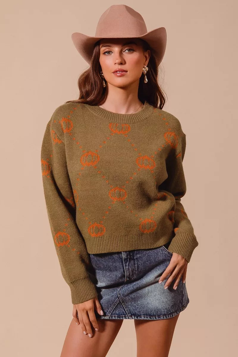 Olive/Rust So Me Pumpkin Rhombus Halloween Thanksgiving Sweater