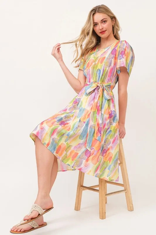 Lime N Chili Watercolor Print Tie Front Midi Dress
