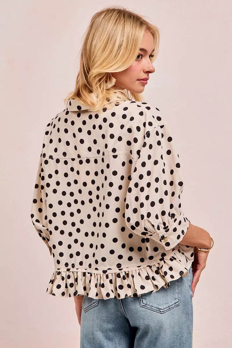 Off White/Black Bibi Polka Dot Printed Peplum Top With Front Button