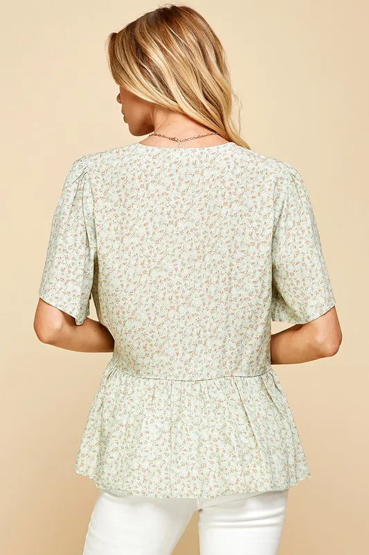 Sage/Ginger Lime N Chili Ditsy Print V Neck Short Sleeve Wrap Blouse
