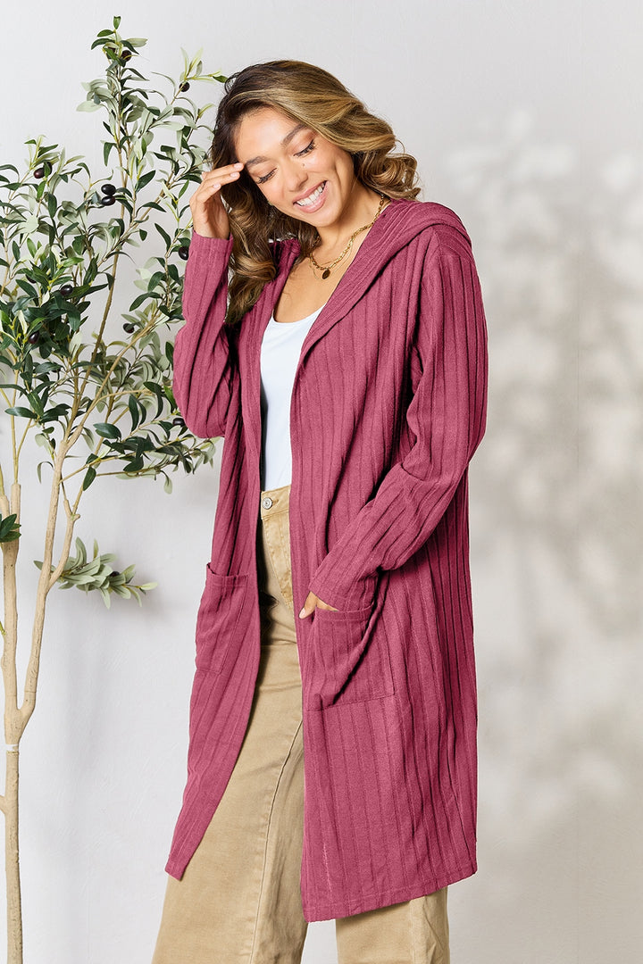 Pink Basic Bae Full Size Hooded Sweater Cardigan