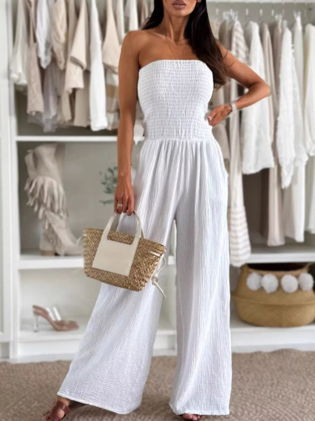 Black Smocked Tube Wide Leg Jumpsuit
