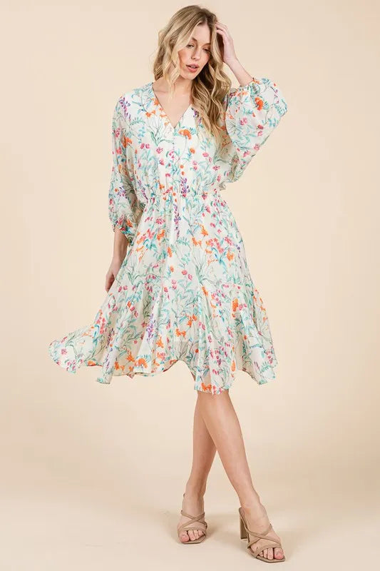 Lime N Chili Floral Cinched Waist Balloon Sleeve V Neck Dress