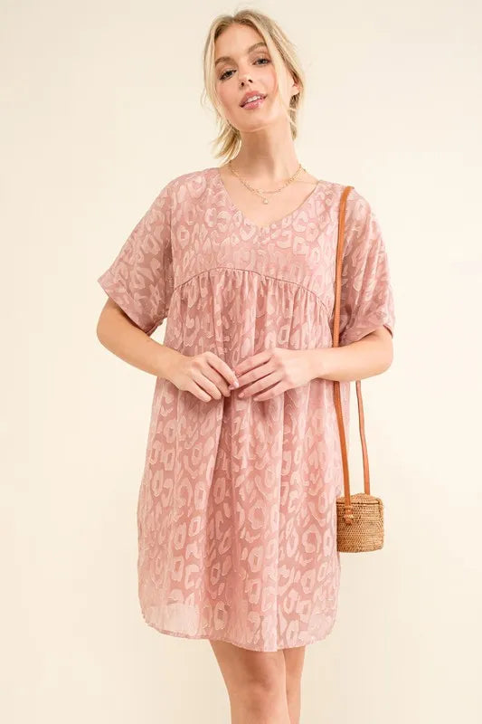 And The Why Woven Leopard Baby Doll Roll Sleeve Casual Dress