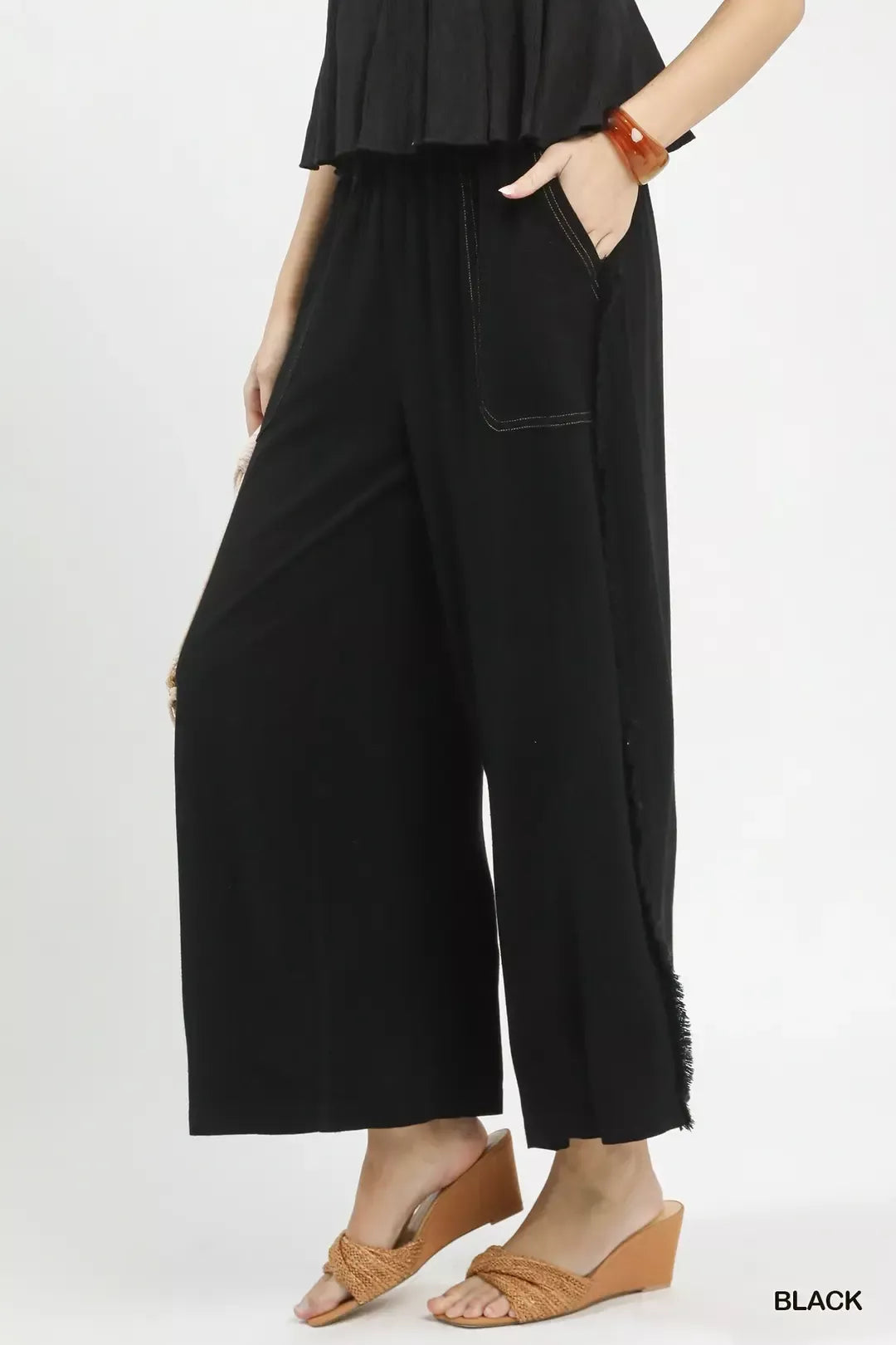 Black Linen Frayed Side Pocket Wide Leg Pants