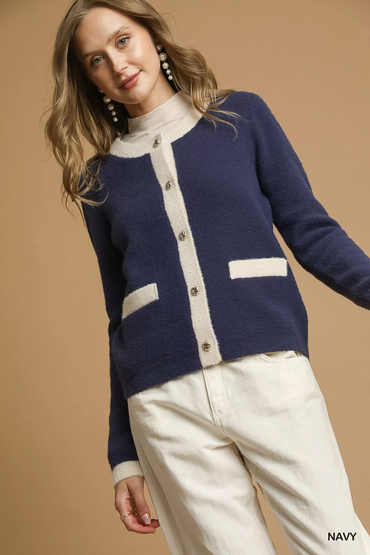 Navy Umgee Two Tone Button Front Cardigan