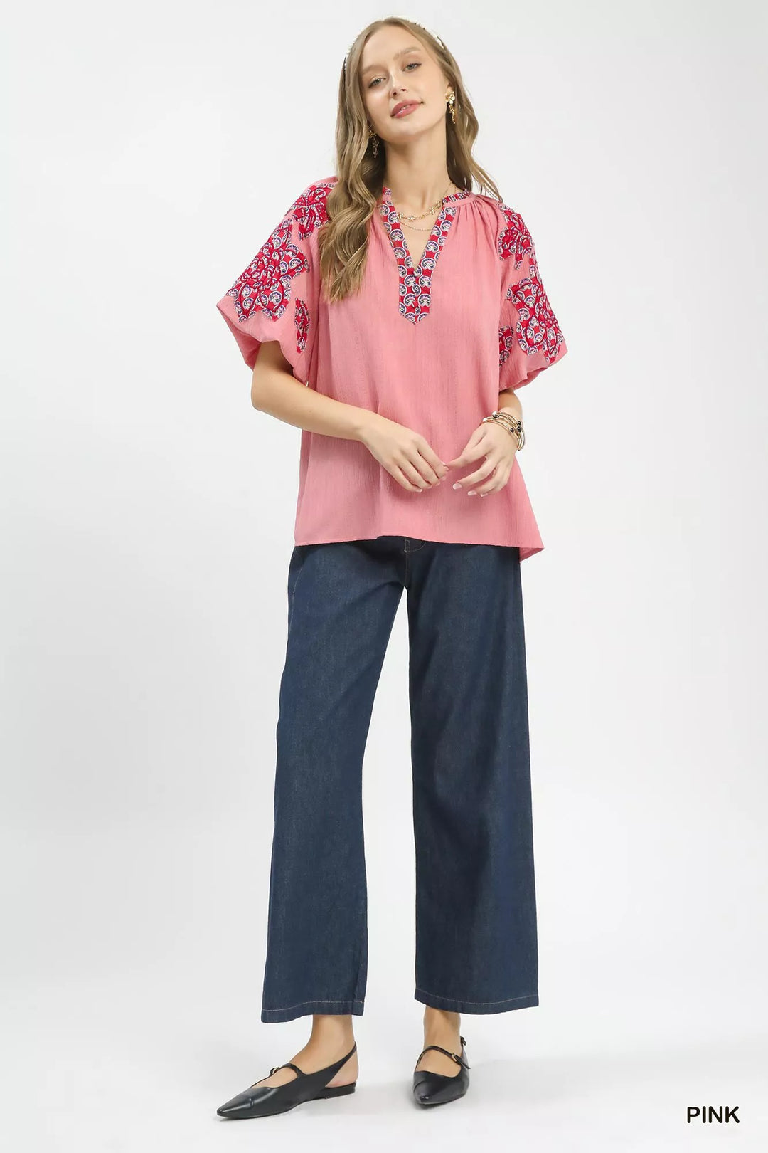 Umgee Embroidered Sleeve Contrast Trim Top 1