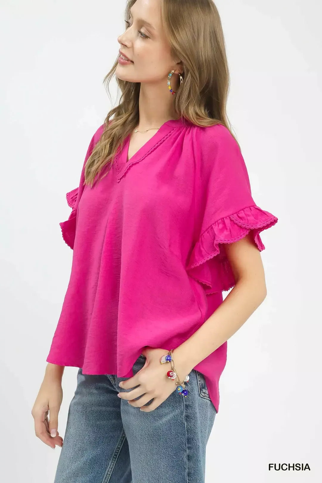 Fuchsia Umgee Ruffle Sleeve V Neck Flutter Blouse