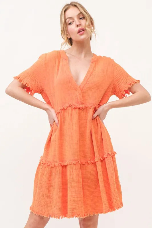 Orange And The Why Washed Frayed Detail Tiered Dress