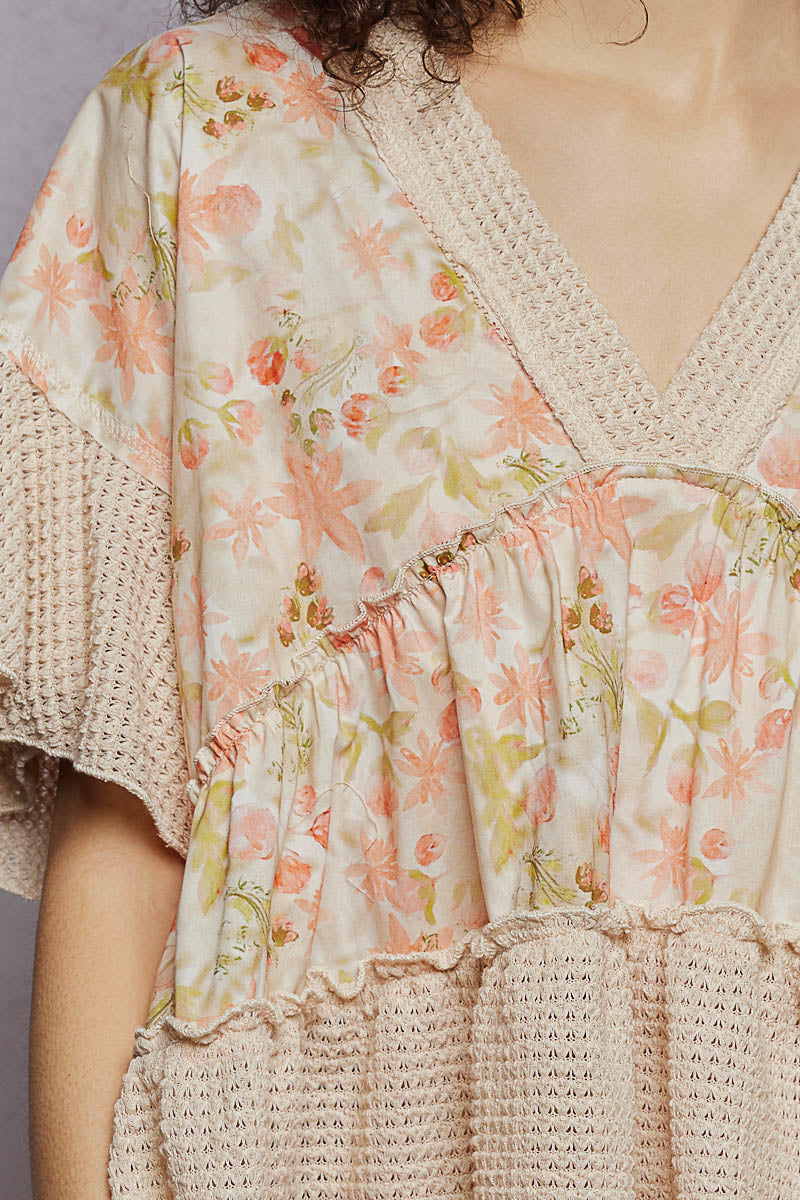 Pol Floral Print V Neck Woven Blouse With Gentle Gathers