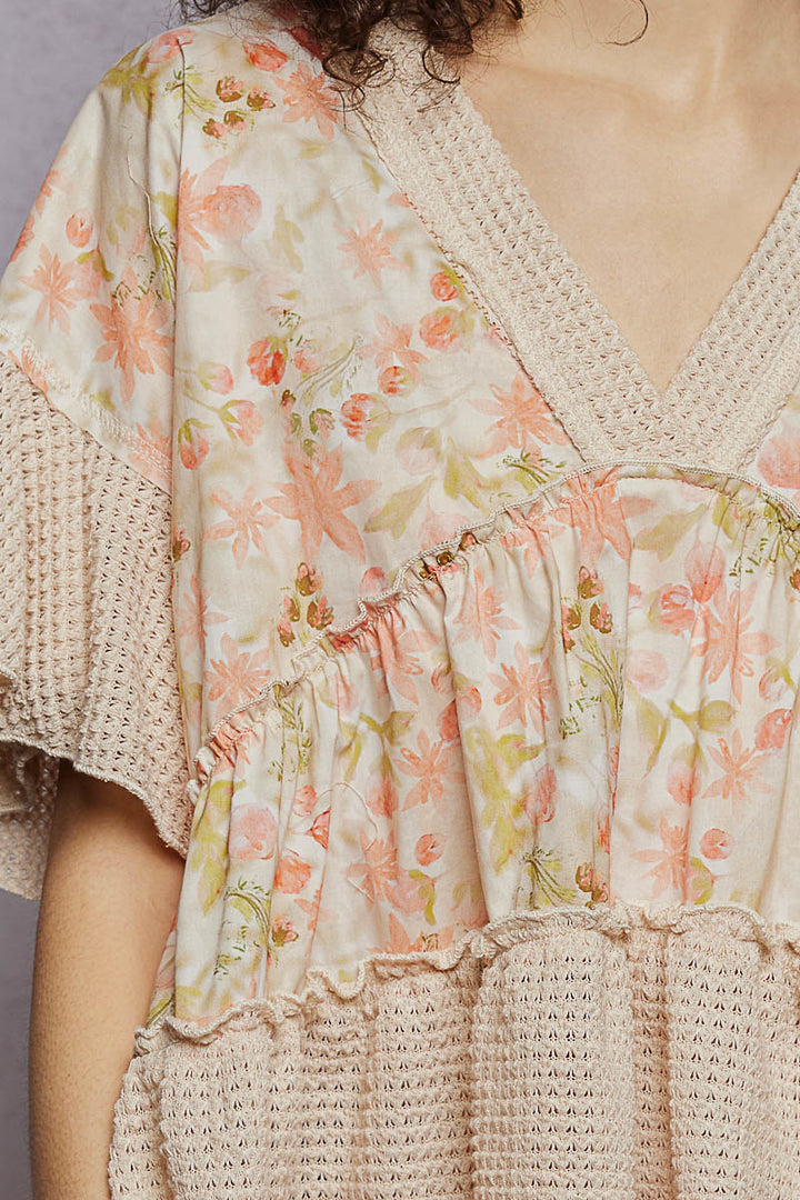 Pol Floral Print V Neck Woven Blouse With Gentle Gathers