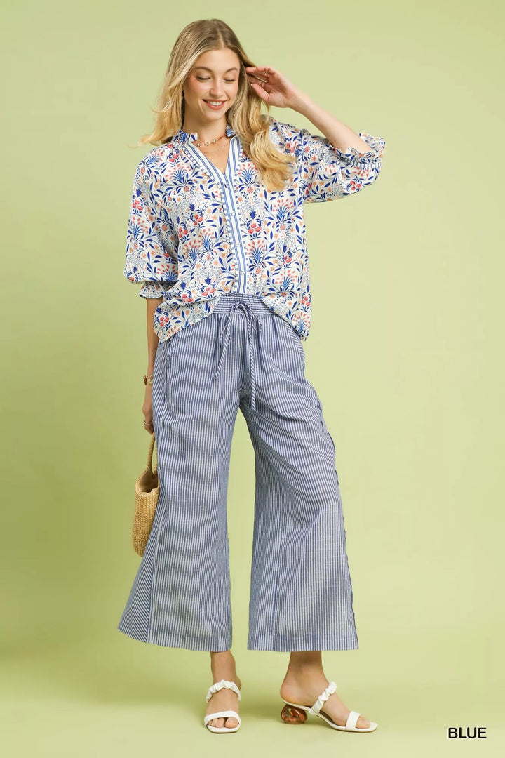 Blue Umgee Linen Blend Striped Wide Leg Pants