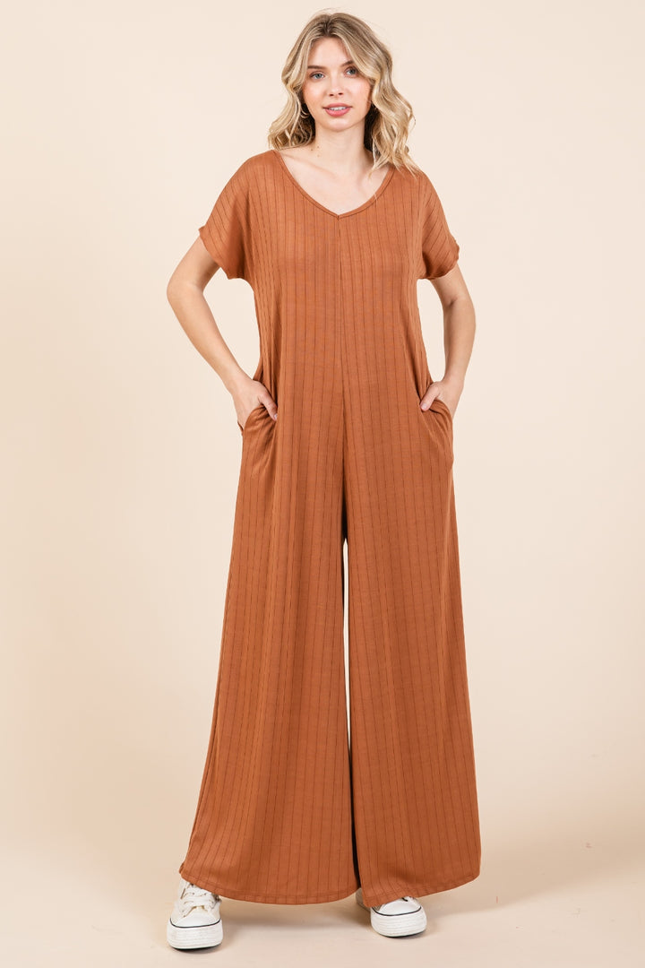 Camel Bombom Ribbed Short Sleeve Wide Leg Jumpsuit