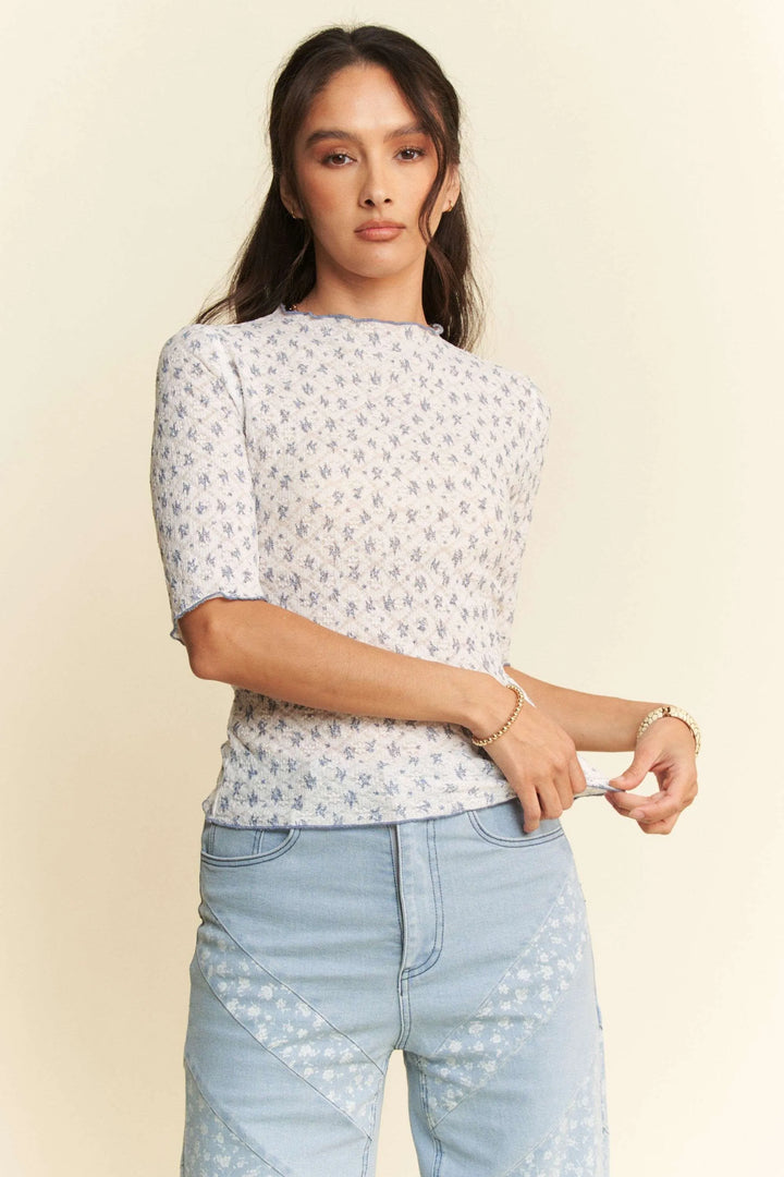 White/Blue Multi Davi Dani Lace Stretch Floral Marrow Edge Half Sleeve Top