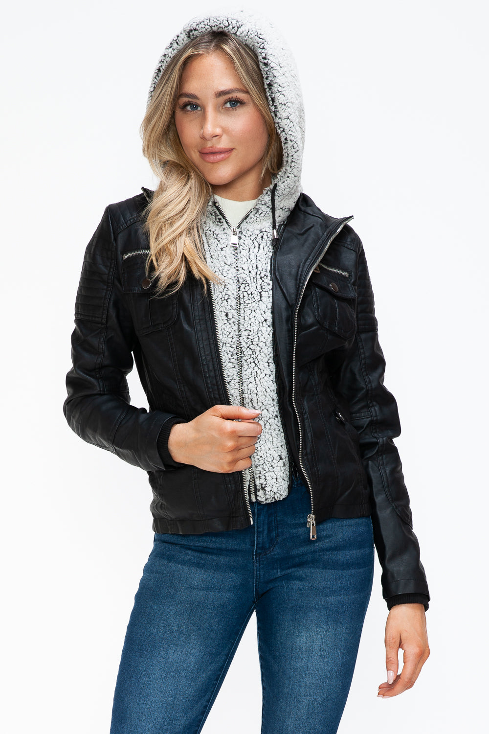 Ymi Removable Faux Layered Multi Pocket Jacket With Fuzzy Hood