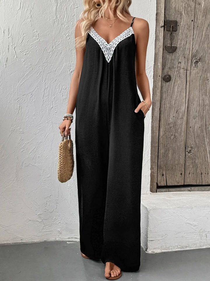 Black Lace Trim V Neck Wide Leg Jumpsuit