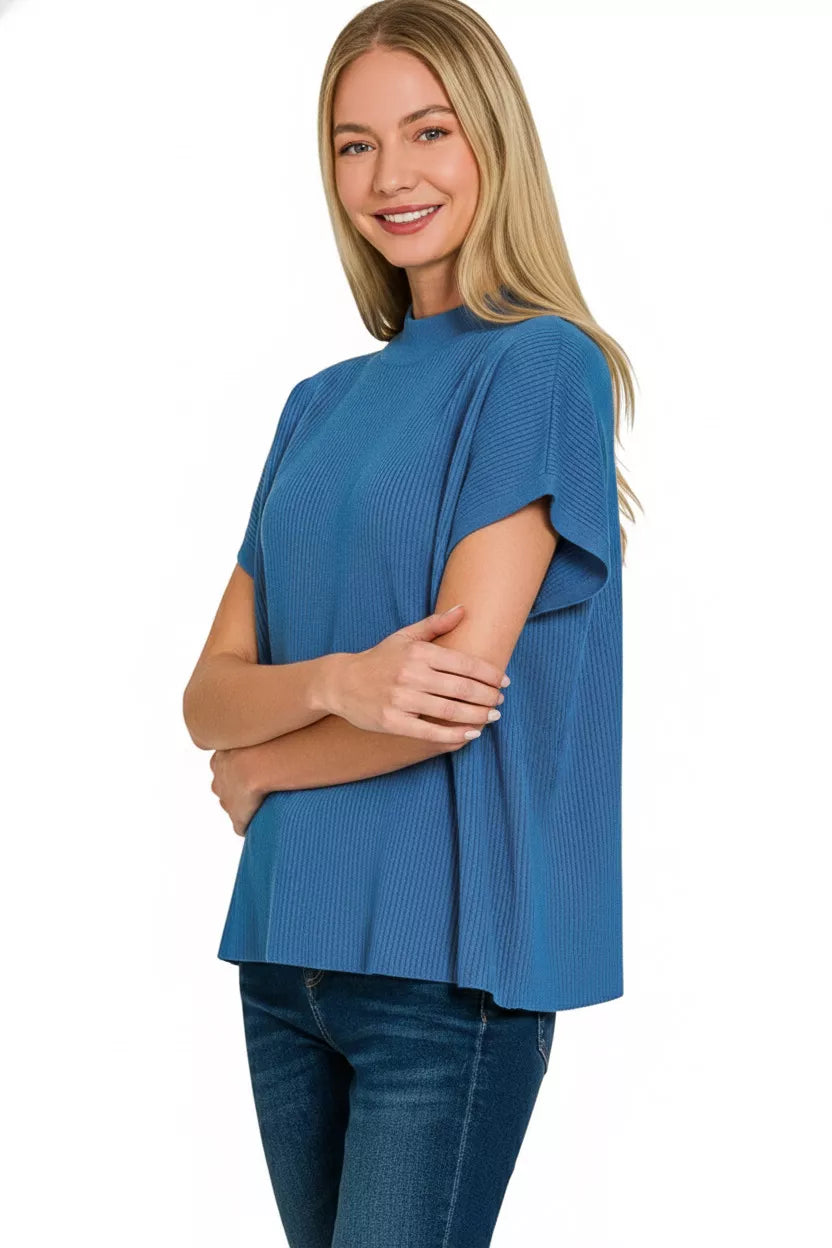 Classic Blue Zenana Viscose Mock Neck Short Sleeve Boxy Sweater 2