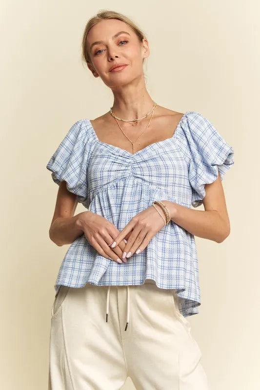 Blue Davi Dani Plaid Puff Sleeves Ruffled Smocked Blouse