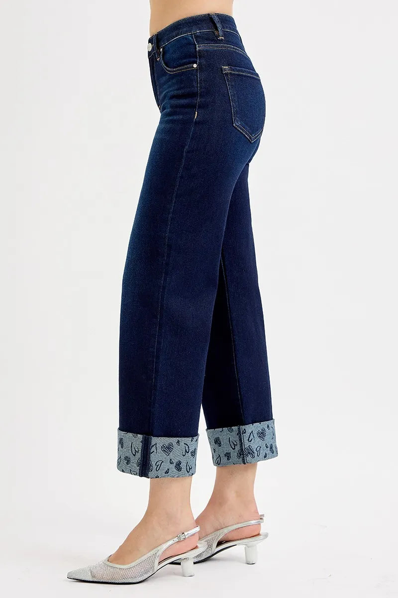 Dark Risen Full Size Mid Rise Fit Crop Wide With Printed Cuff Jeans Plus Size