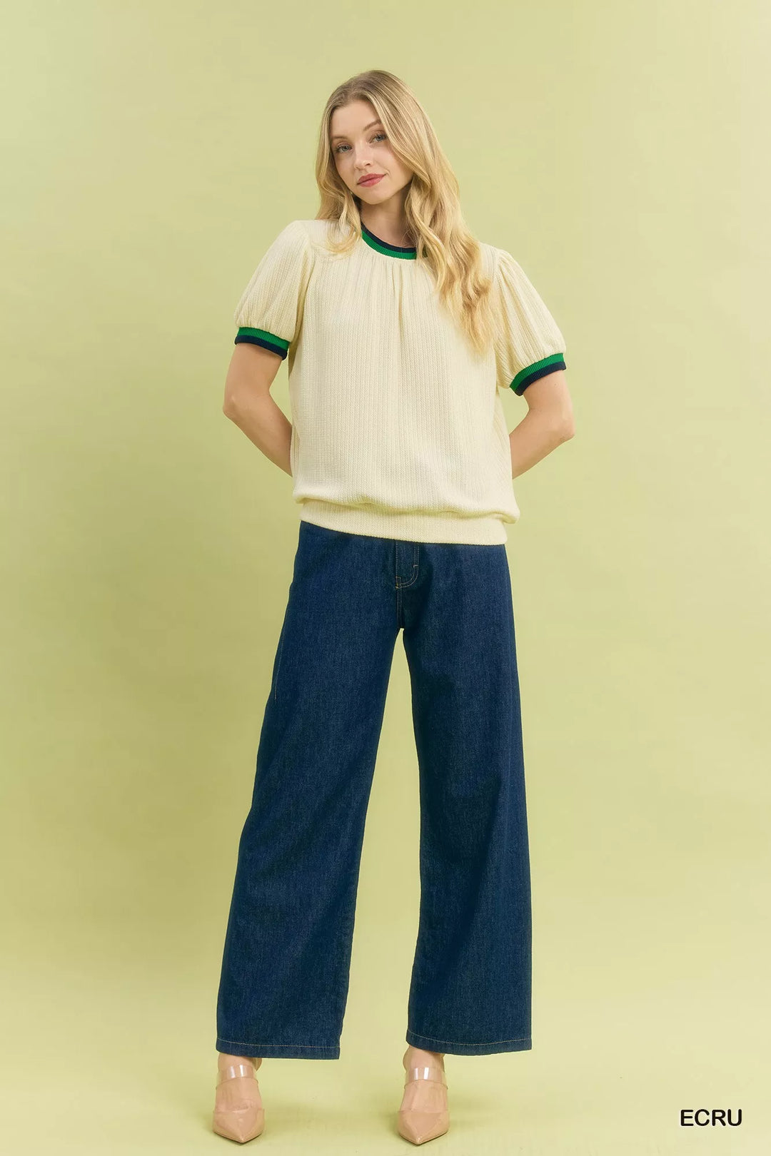 Umgee Puff Sleeve Knit Top With Contrast Rib Trim