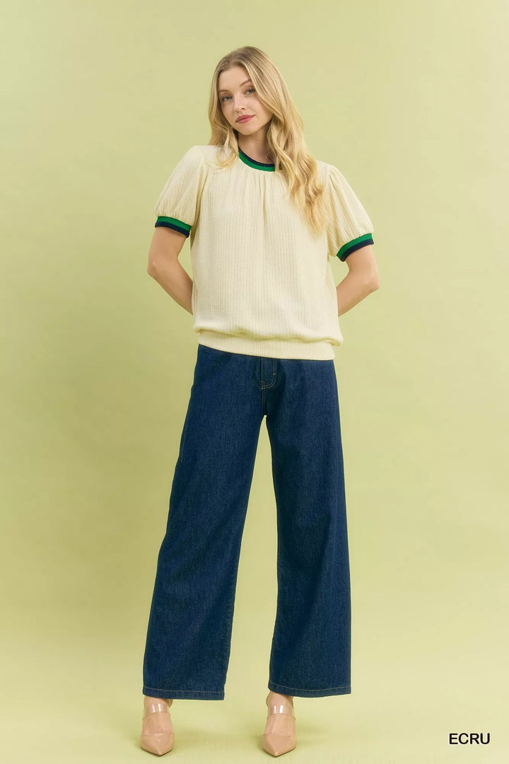 Umgee Puff Sleeve Knit Top With Contrast Rib Trim