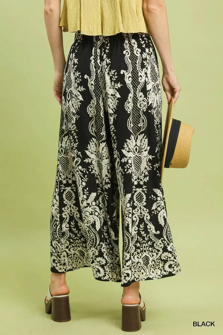 Black Umgee Border Print Wide Leg Pants 1
