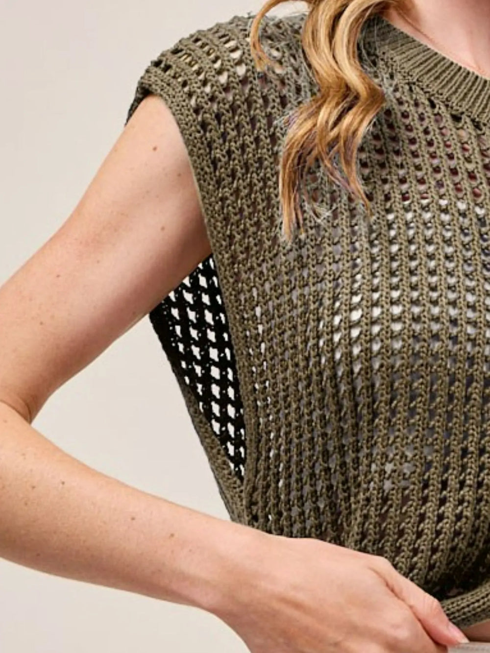 Mocha So Me Big Metal Button Front Openwork Sweater Vest