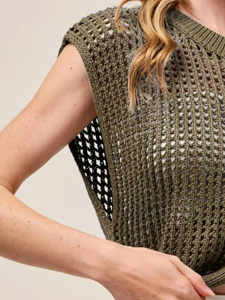Mocha So Me Big Metal Button Front Openwork Sweater Vest