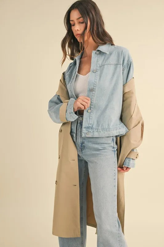 Mable Layered Look Trench Coat With Denim Jacket