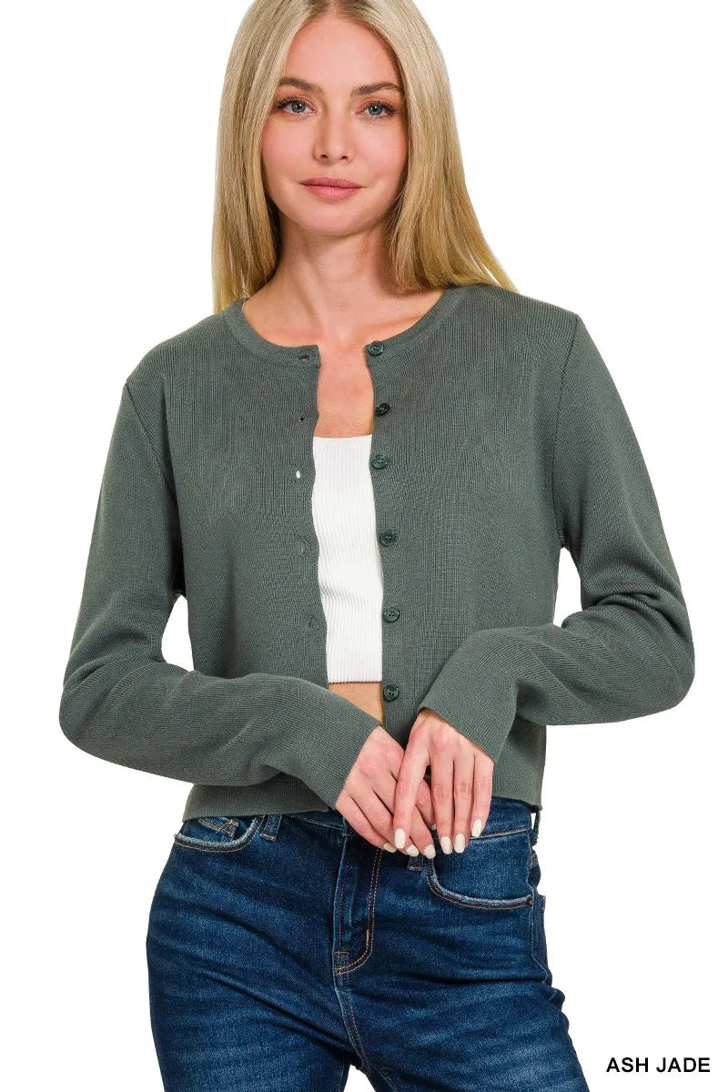 Ash Jade Zenana Button Front Crewneck Long Sleeve Cropped Cardigan