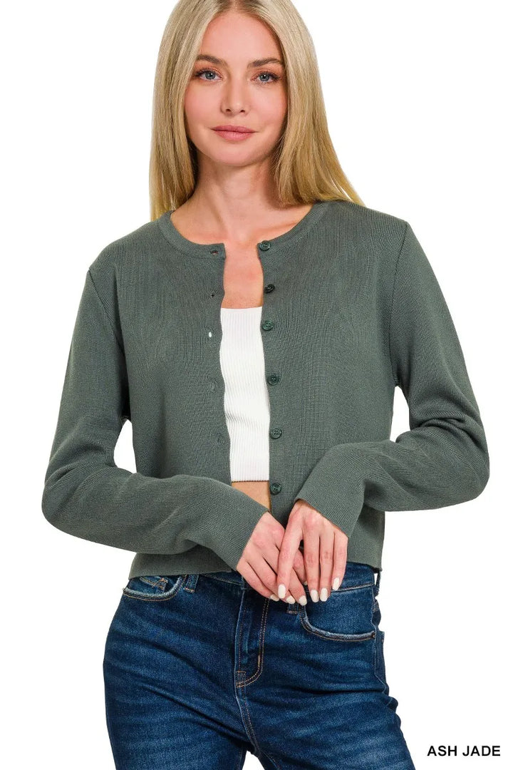 Ash Jade Zenana Button Front Crewneck Long Sleeve Cropped Cardigan