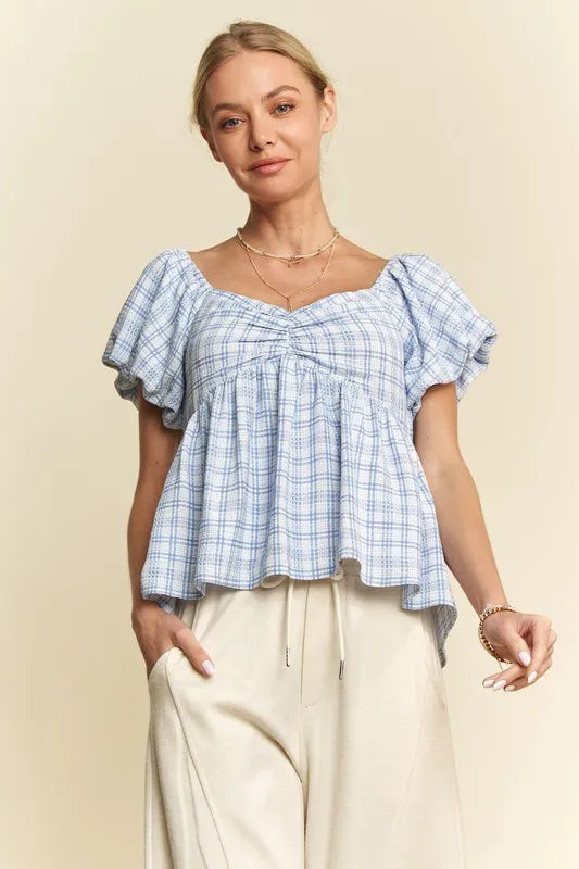 Blue Davi Dani Plaid Puff Sleeves Ruffled Smocked Blouse